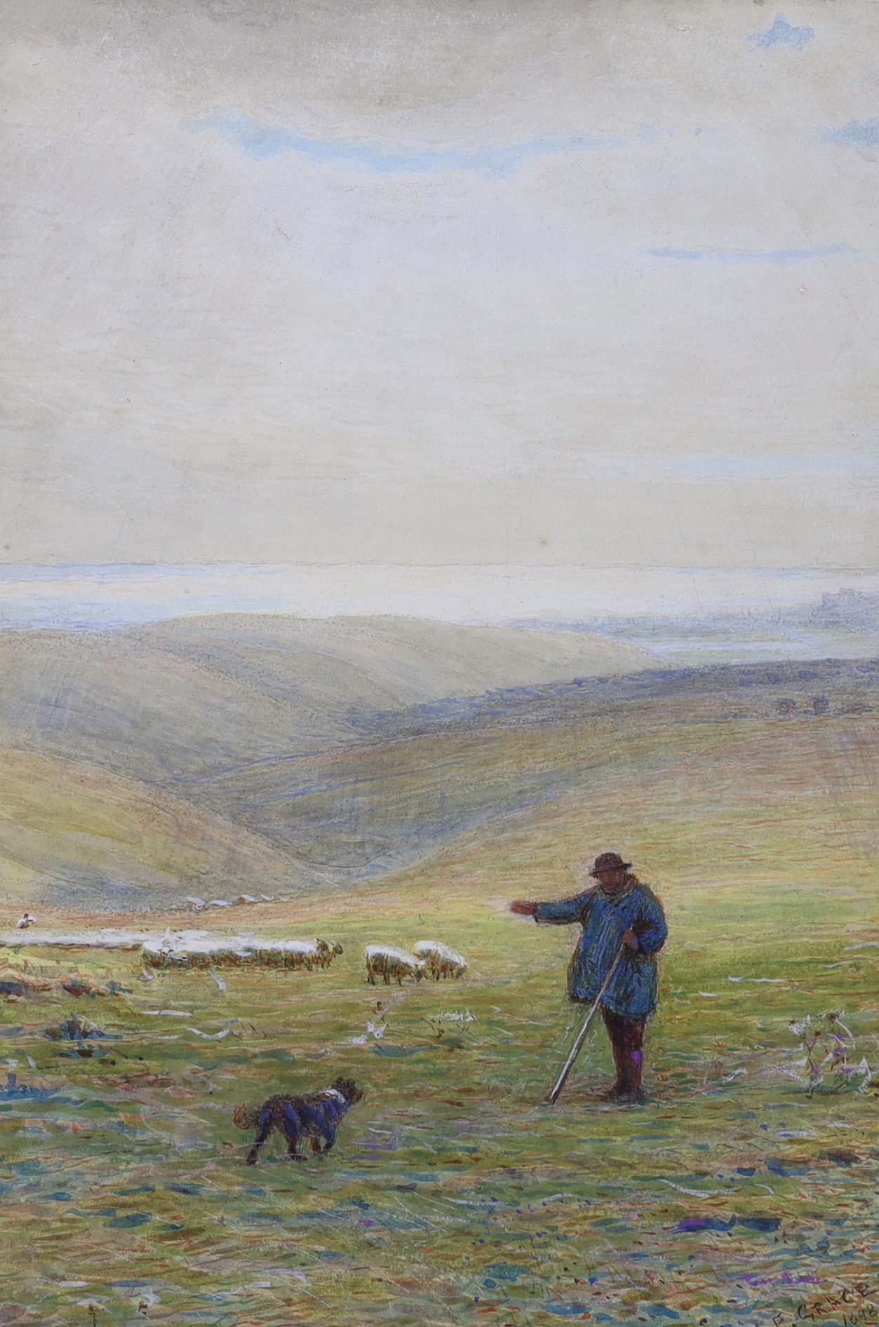 Alfred Fitzwalter Grace RBA (1844-1903), heightened watercolour, Shepherd and sheep, signed and dated 1898, 35 x 24cm